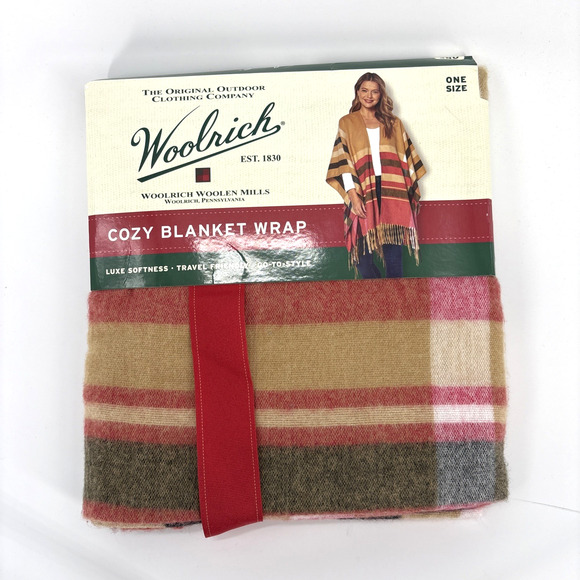 Woolrich Womens Cozy Blanket Wrap One Size Justine Tan Red Green MSRP $60 - Picture 1 of 5